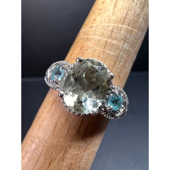 Prasiolite and apatite ring in platinum over copper size 8 - Picture 1 of 16
